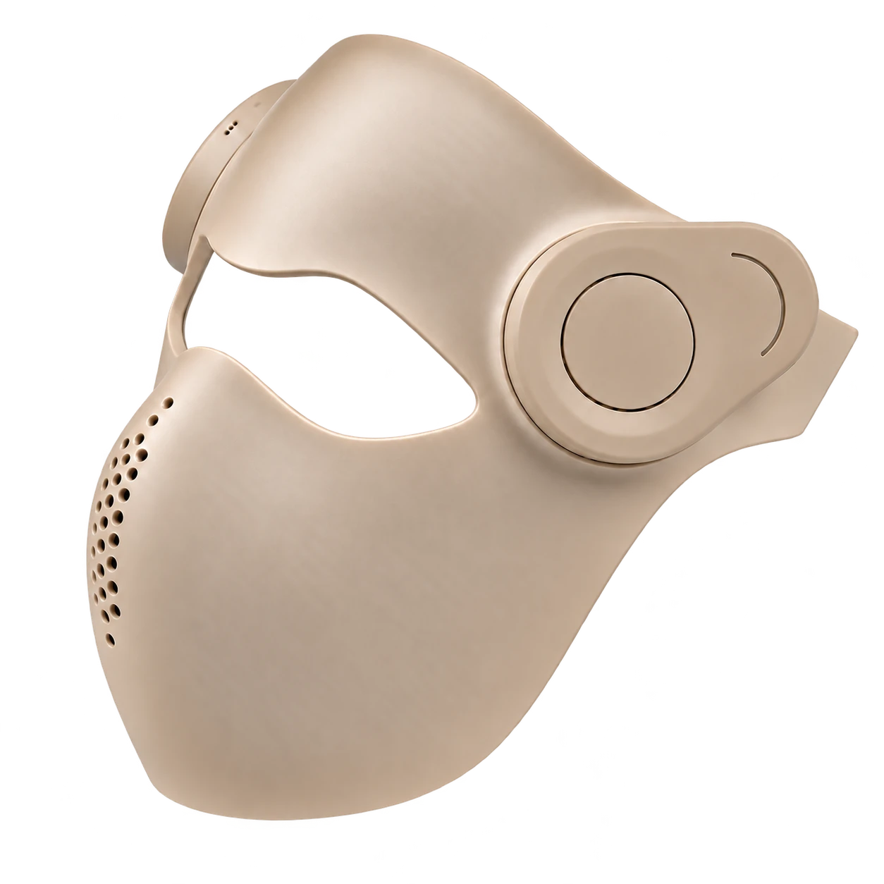 The champagne LED mask, showing its curved shield, eye opening and sculpted temple detail